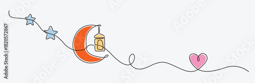 Lantern, half moon,heart and star. Ramadan Kareem theme minimal one continuous line drawing on white background. 