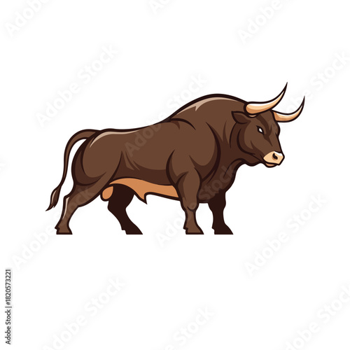 Illustration of a powerful brown bull standing with its head turned slightly, showcasing its muscular build and prominent horns.