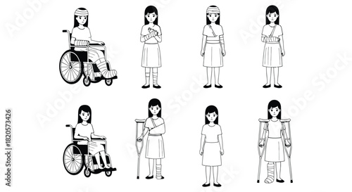 Diverse representations of a young woman experiencing various injuries and mobility challenges.