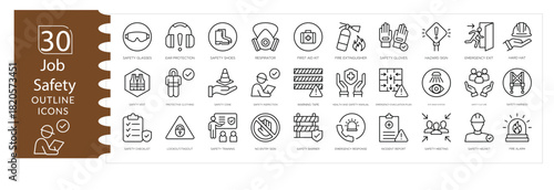 Construction Safety Icon Set,Helmet, Vest, Gear, Worker Protection Vector Pack, Workplace Safety Industrial Icon Collection. Security Symbols, Job Safety Illustration Set .Editable Stroke