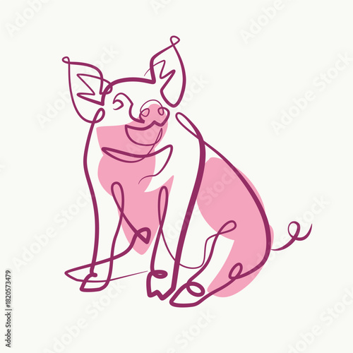 Pink Pig Sitting one line drawing. Pink Pig Sitting single line illustration. Pink Pig Sitting minimalist line art. Pink Pig Sitting vector art