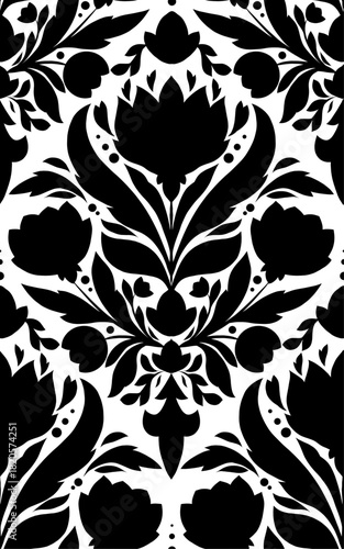 Vector monochrome floral pattern with folk style flowers on white background. Decorative seamless texture with black silhouette