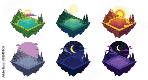 Isometric floating island landscape day night cycle vector art