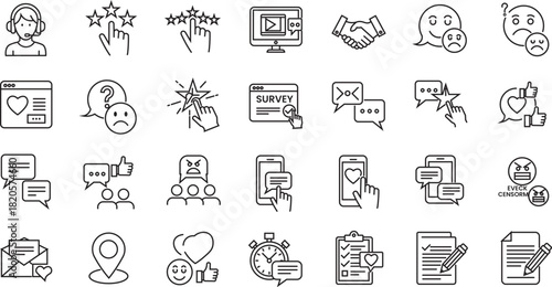 A set of clean, modern line icons representing customer support, feedback, communication, surveys, emotions, mobile interactions, and user engagement. Perfect for UI/UX and web projects.