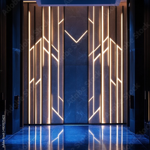 The backdrop features glowing geometric lines inspired by ancient motifs, creating a luxurious futuristic atmosphere.
