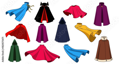 Collection of colorful capes and cloaks in various styles and colors