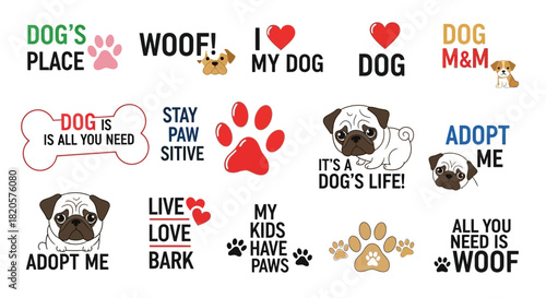 Charming collection of dog-themed phrases and illustrations for pet lovers.