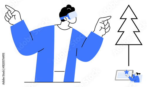 Man wearing VR headset interacting with virtual elements. Digital tablet and tree emphasize technology-environment balance. Ideal for innovation, VR, nature, technology trends, creativity, gaming