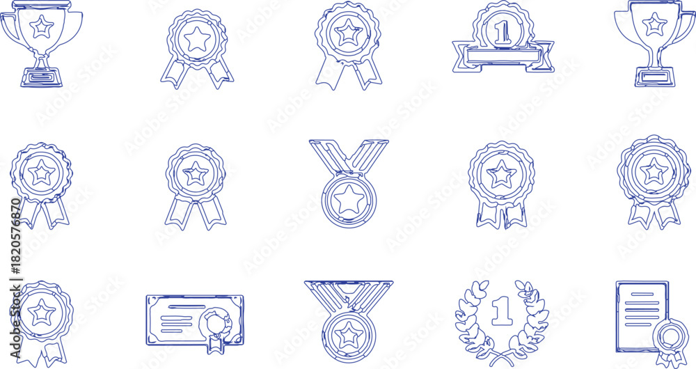 Naklejka premium collection of blue monochrome sketches representing various awards, each symbolizing achievement and recognition. Here’s a breakdown of the elements: