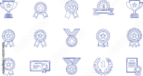  collection of blue monochrome sketches representing various awards, each symbolizing achievement and recognition. Here’s a breakdown of the elements: