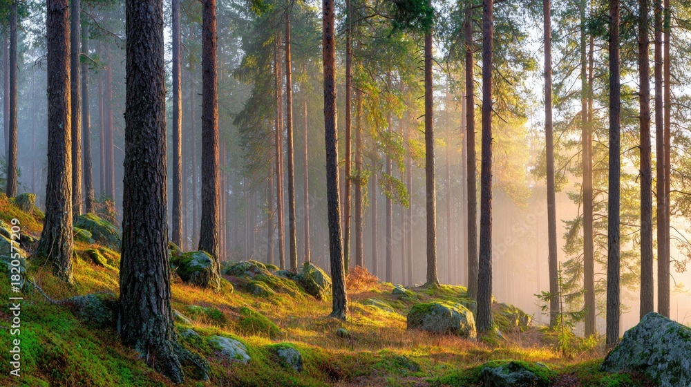 Obraz premium Tall pine trees stand on a mossy slope in misty morning sunlight.
