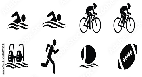 Pictogram set representing swimming cycling running and water sports American football and tennis ball simple isolated vector