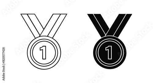 Number one achievement medal outline and solid vector icon set.