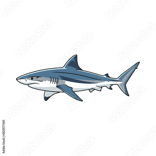 Cartoon illustration of a shark swimming, depicted in blue and white with a streamlined body and sharp fins.