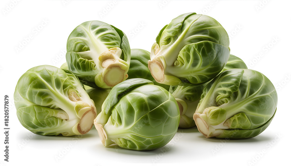 Fototapeta premium Fresh brussels sprouts arranged in a pile on white background