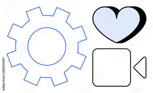 Gear symbolizing technology, heart representing passion, and video icon for media creation. Ideal for digital tools, teamwork, innovation, content creation, filmmaking, branding simple flat metaphor
