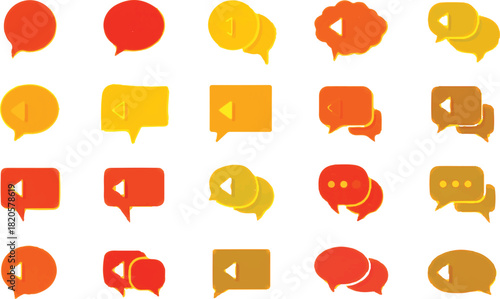  collection of orange and yellow chat bubble icons, organized in a grid-like pattern against a clean white background. Here’s a breakdown of the elements:
