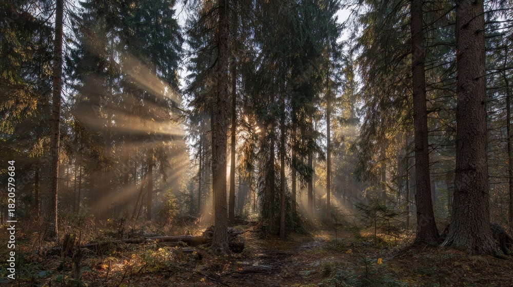 Fototapeta premium Sunlight beams through a misty forest on a calm morning.