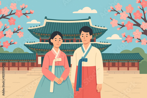 Traditional Korean Hanbok Couple at Palace in Spring Vector Illustration