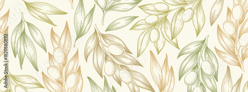Vector illustration with hand drawn olive branches pattern in  nature colors isolated on light background. Botanical design for web banner,  print, card, textile, beauty and cosmetic products