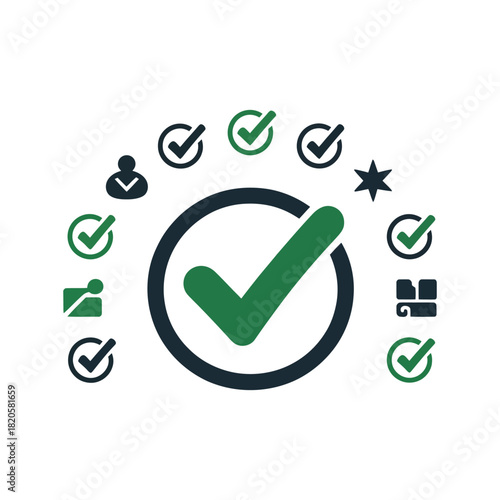 A collection of checkmarks and icons signifies success, approval, and task completion.