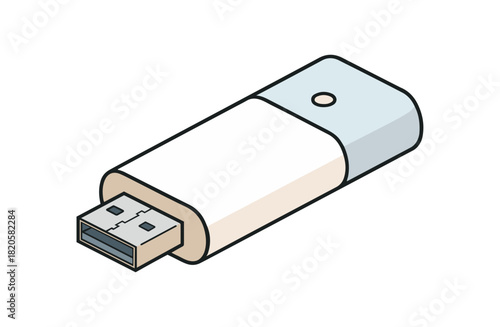 A simple isometric illustration of a white USB flash drive with a light blue cap.