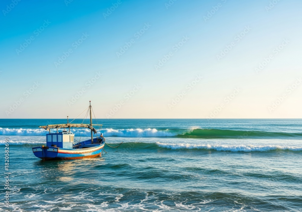 Fototapeta premium small fishing boat sailing on the blue ocean water under the summer sky during a tropical cruise vacation