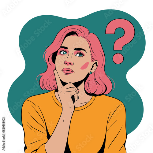 A woman with pink hair contemplates a question, looking upwards with a thoughtful expression.
