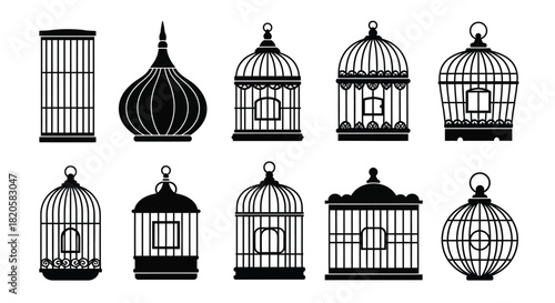 Vector illustration set of decorative bird cages silhouette art