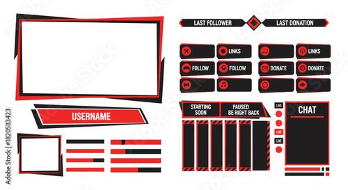 Red and black streaming overlay pack for twitch and youtube live