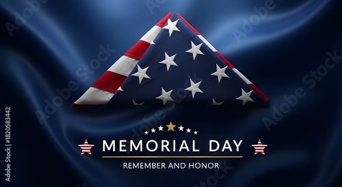 A solemn tribute to memorial day, featuring a meticulously folded american flag resting on a deep blue fabric, symbolizing remembrance and honor for fallen heroes