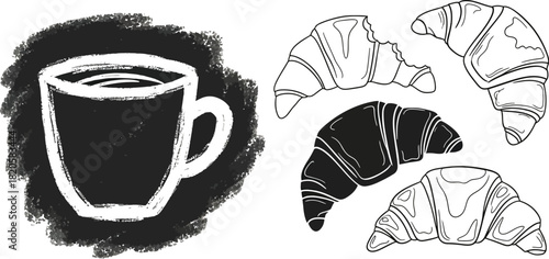 Coffee and croissants illustration in black and white for breakfast concept art
