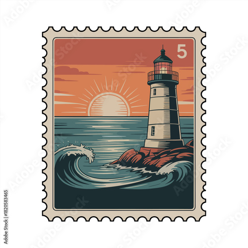 A lighthouse stands tall on a rocky shore as waves crash against it during a vibrant sunset.