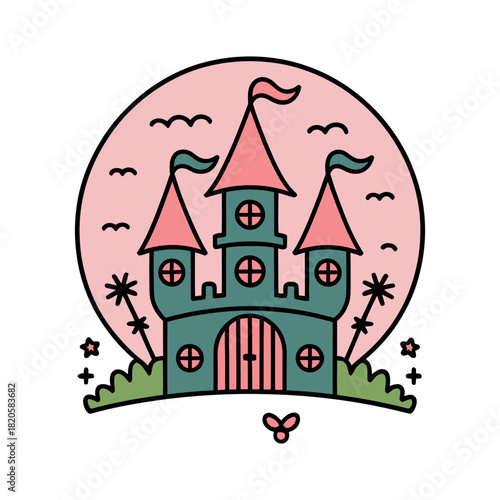 A whimsical cartoon castle with pink turrets sits beneath a pastel pink sky.