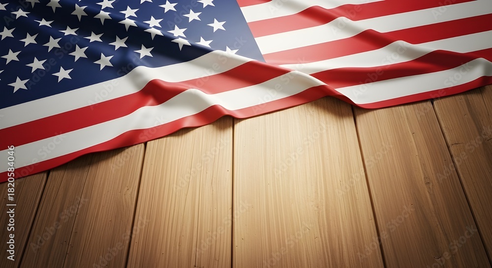 Obraz premium Waving american flag draped gracefully over a rustic wooden background, symbolizing patriotism, freedom, and national pride, with ample copy space for text or design elements