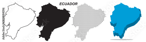 Ecuador Map Vector Set, South America Outline Silhouette Dotted 3D Solid Shapes, Country Infographic Template, Editable EPS Geography