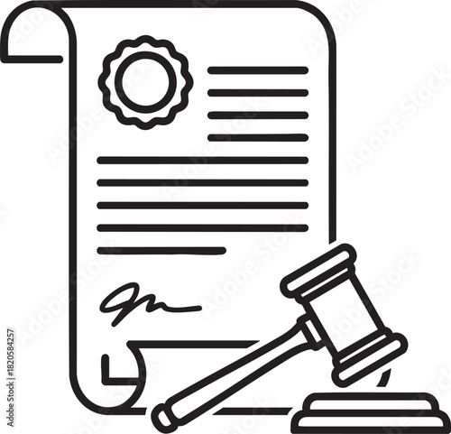 Monochrome line art icon of a legal document with a seal and a judges gavel on its block.