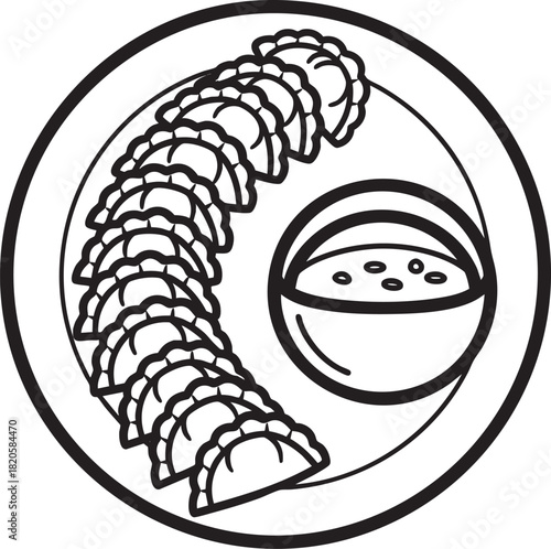 Plate of pleated crescent dumplings with dipping sauce a simple black and white line art illustration.
