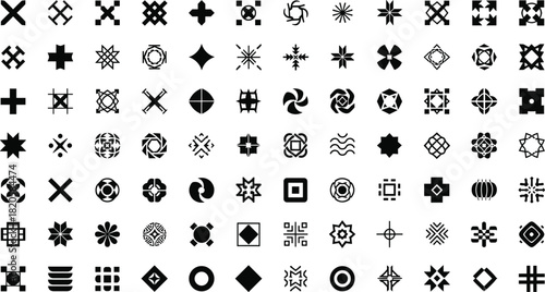Minimal geometric symbols, abstract black icons, modern design elements, symmetrical patterns, vector grid layout, branding motifs, visual identity, graphic art collection