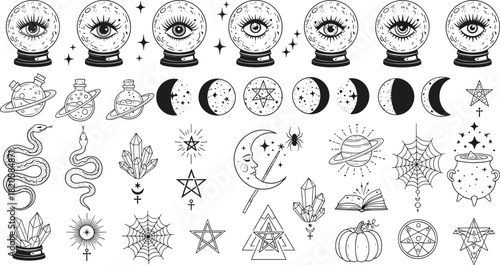 Mystical vector elements, occult symbol set, witchcraft icons, moon phase graphics, magical illustrations, esoteric design assets, spiritual and cosmic motifs