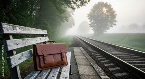 Vintage brown leather briefcase on bench by foggy train tracks in mysterious morning light
