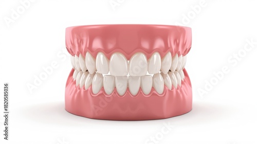 Anatomically correct 3D illustration of human jaw with healthy white teeth and pink gums. Dental hygiene, orthodontics or prosthesis concept.