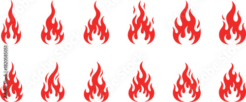 Red flame icons, stylized fire vector, heat symbol set, burning graphic elements, intensity scale design, energy illustration bundle, hot UI assets