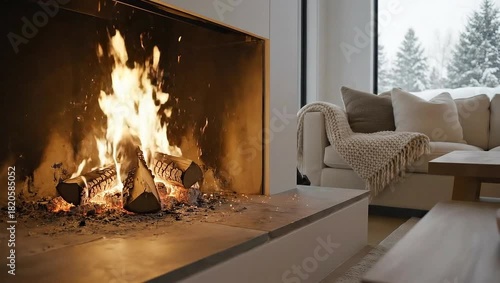 Cozy Fireplace in Modern Living Room with Snowy Winter View.