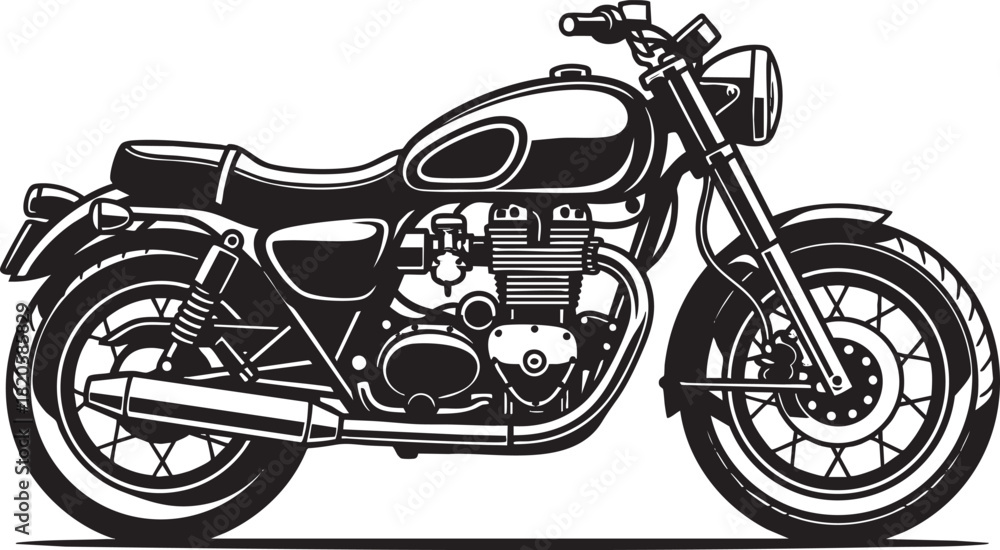 Fototapeta premium Vintage black and white motorcycle illustration with detailed engine and spoked wheels side view.