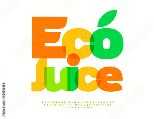 Vector Ecologic badge Eco Juice. Transparent Colorful Font. Bright Creative Alphabet Letters and Numbers set.