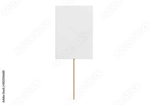 Blank white rectangular protest sign or placard on a wooden stick for rally. Isolated on transparent background 