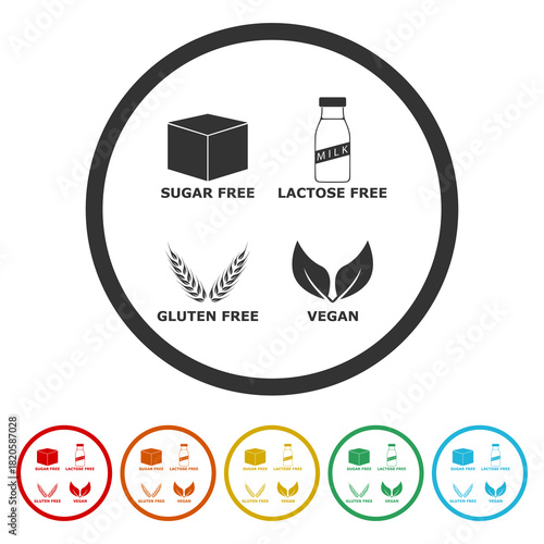 Gluten, sugar, lactose free, vegan icon. Set icons in color circle buttons