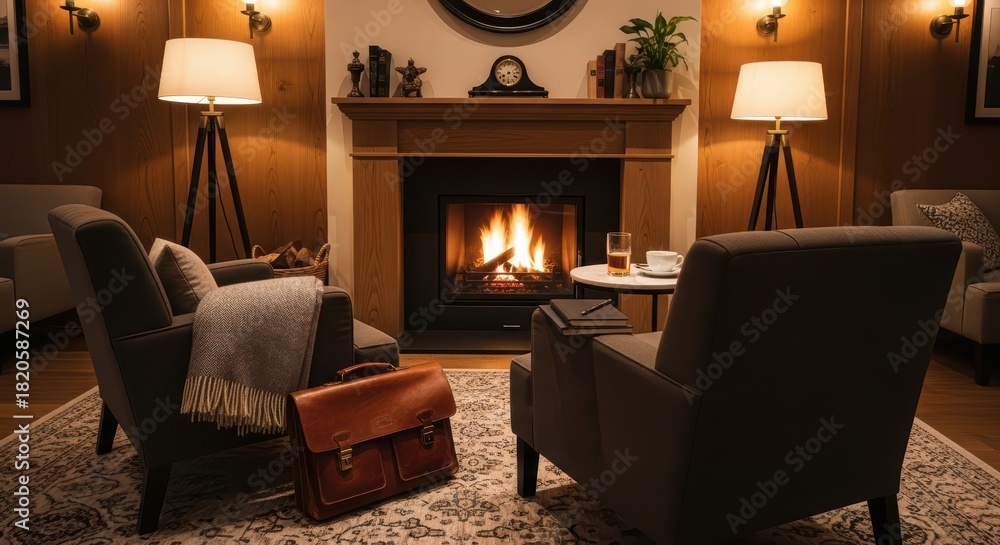 Fototapeta premium Cozy living room with fireplace and warm lighting for relaxation