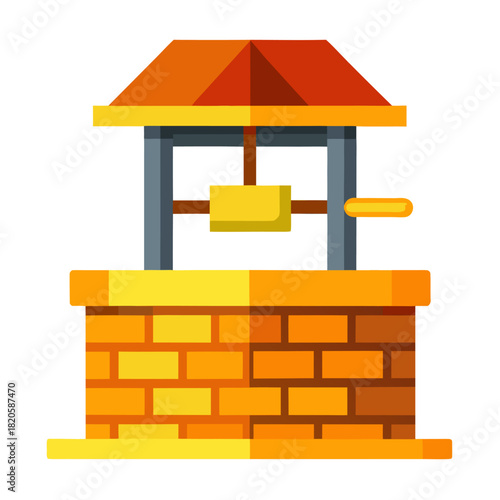 A flat illustration of a traditional water well made of brick with a red roof and a yellow bucket on a rope.